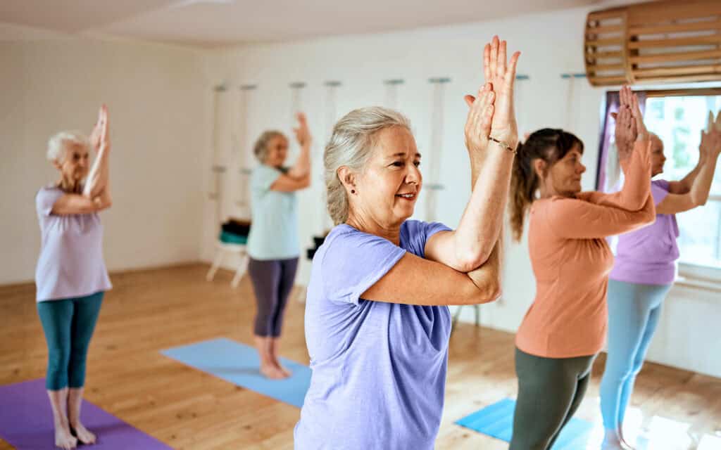 Pilates, wellness and group of senior
